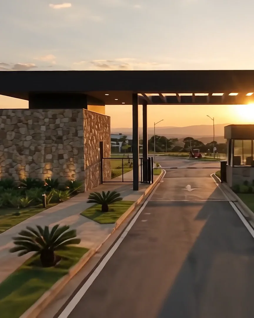 Detalhe arquitetônico ilustrativo: pórtico de entrada com muro de pedra iluminado ao entardecer.